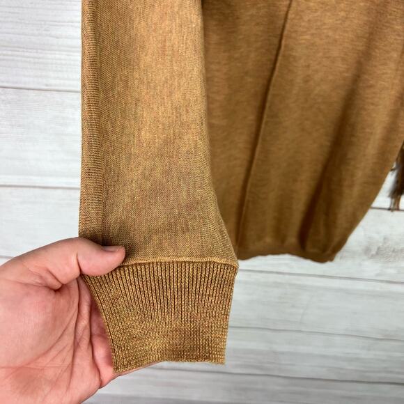 Promesa Women's Tan Mustard Wool Blend Cowlneck Fringe Back Sweater Dress - Picture 8 of 9